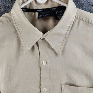Sean John XL Beige Short Sleeve Button Up Shirt Point Collar Tan Embroidery Logo